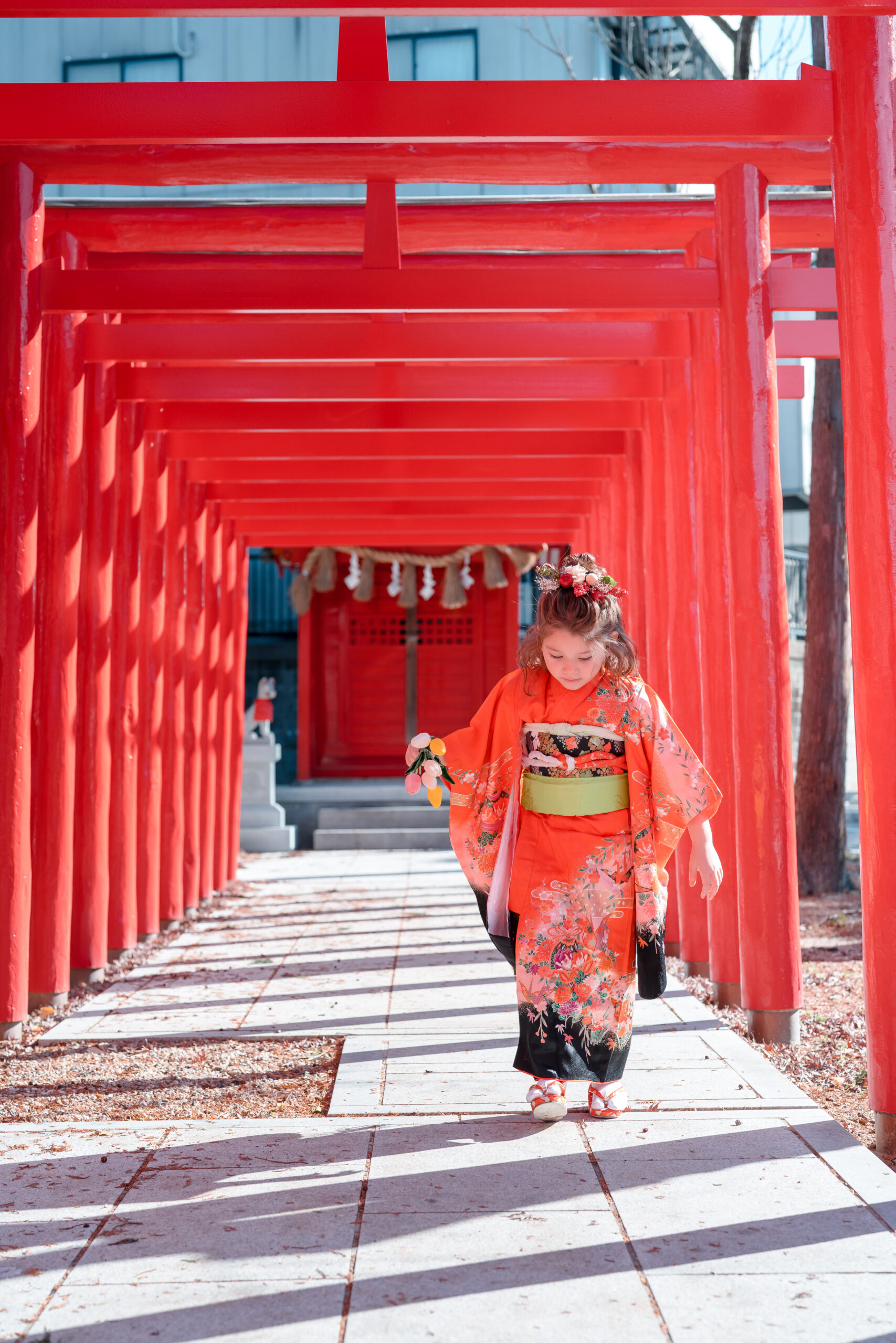 七五三撮影｜和装の女の子が赤い鳥居で写真撮影
