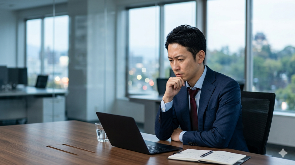 スーツの男性が悩んでいる様子